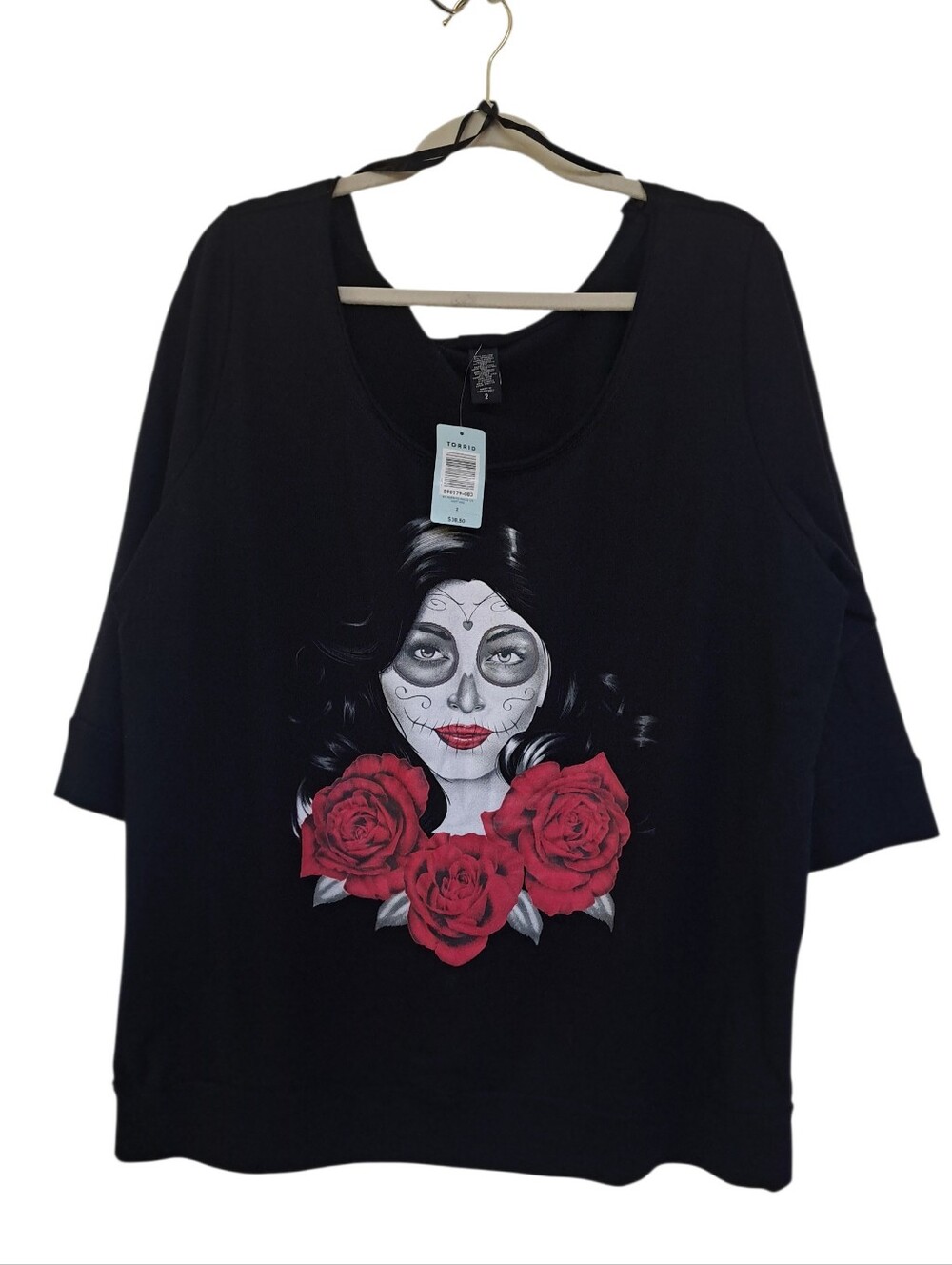 #056 Torrid 2 Black Day of the Dead Muertos Off-the-Shoulder Sweatshirt - Picture 2 of 4